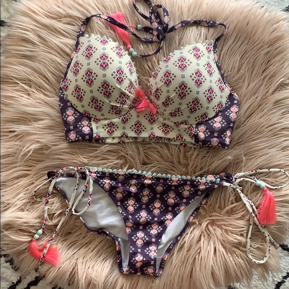 Boho printed swim top & bottom with tassel details